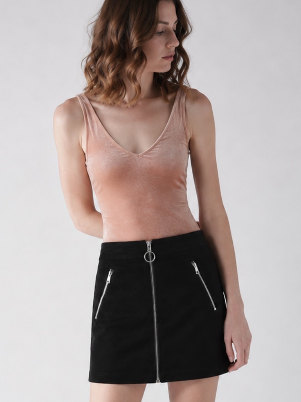 Black Zip Front Mini Skirt Size 4 Silver Hardware A-Line Y2K